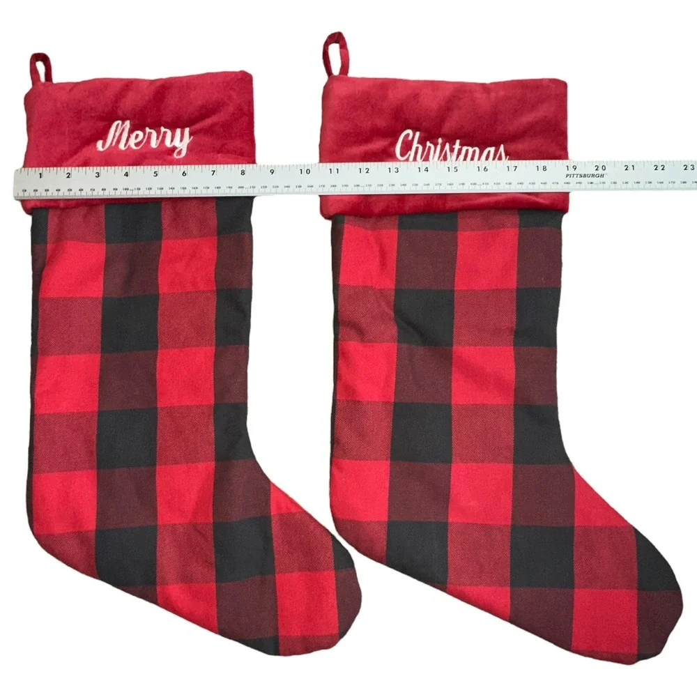 2-Embroidered Pottery Barn‎ Red Black Buffalo Check Plaid Christmas Stocking
